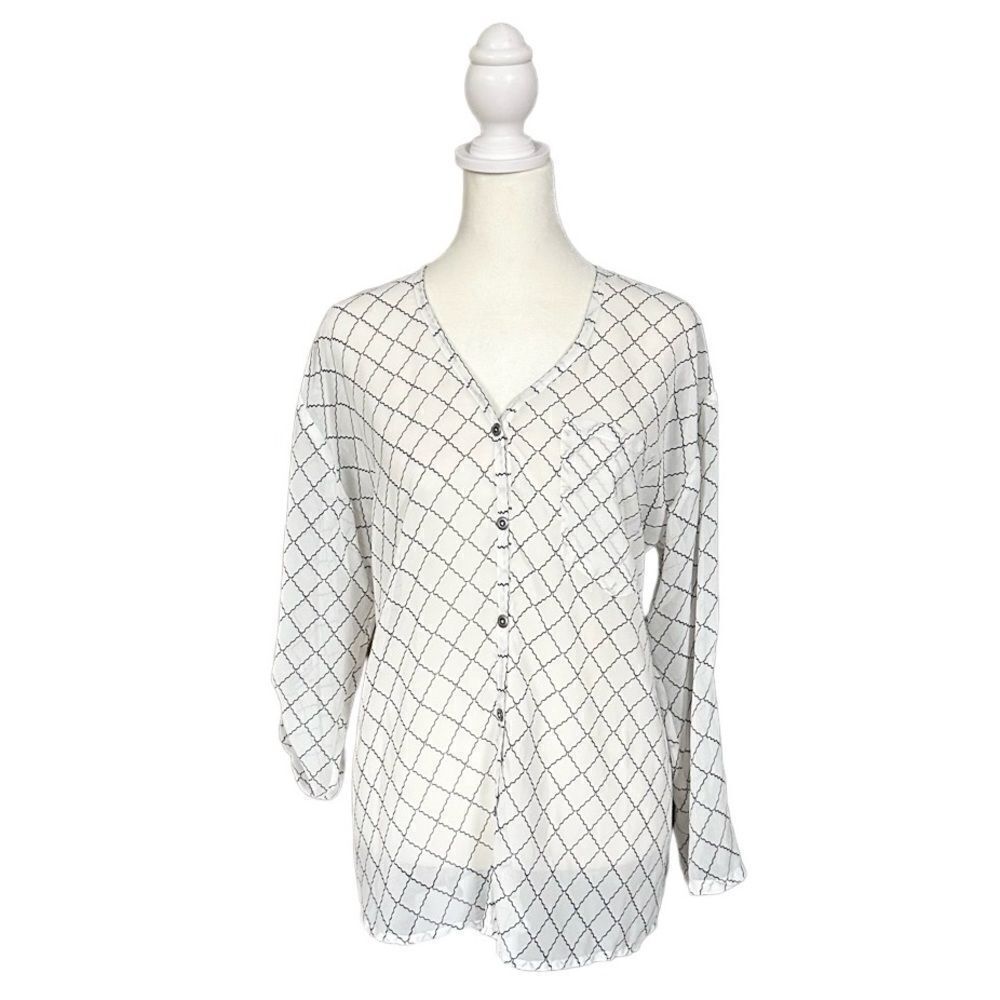 CAbi Sheer Button Down Diamond Pattern V-Neck Blouse Top Size XS